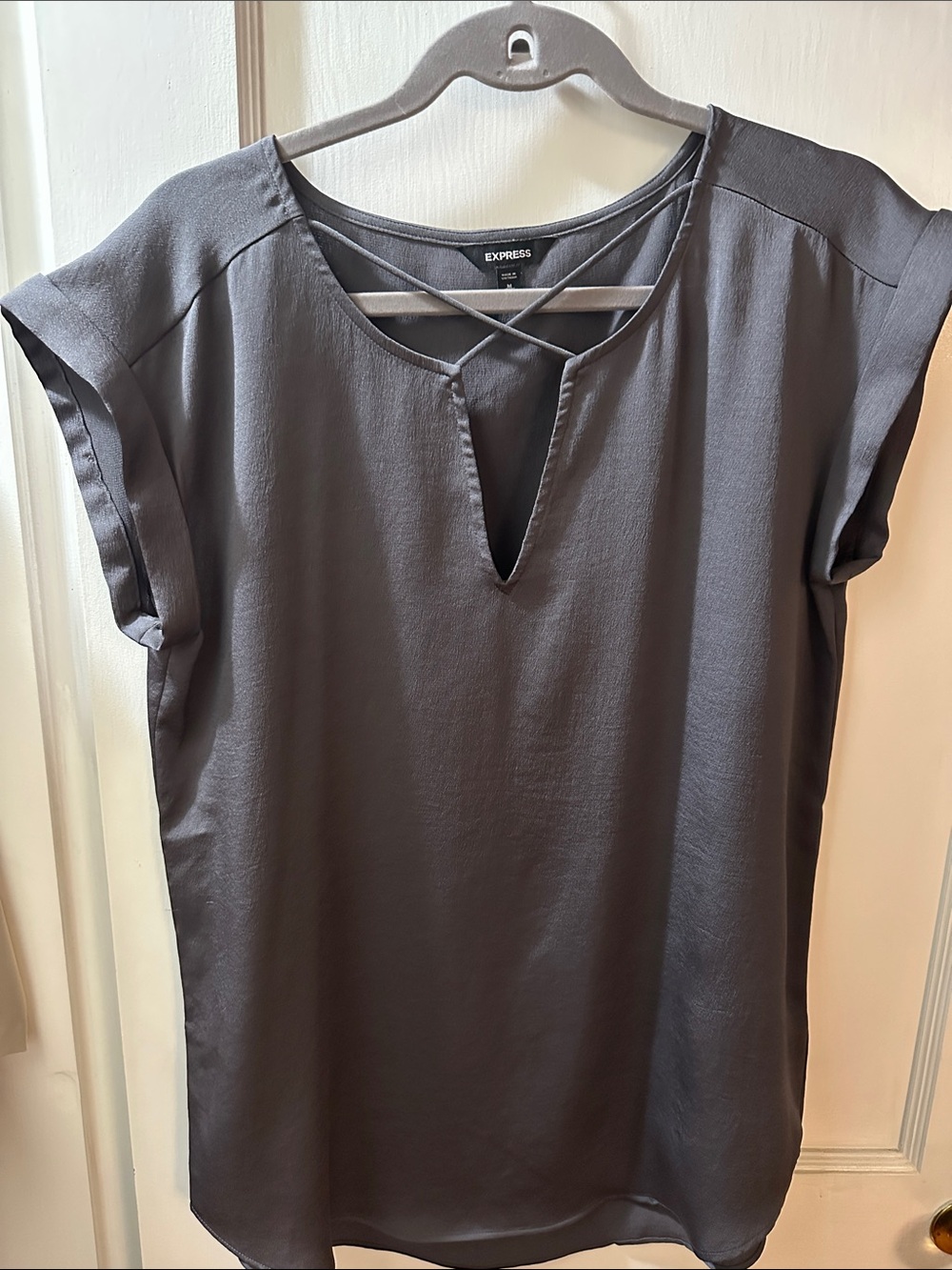 Express Charcoal Gray Crisscross Notch-Neck Blouse